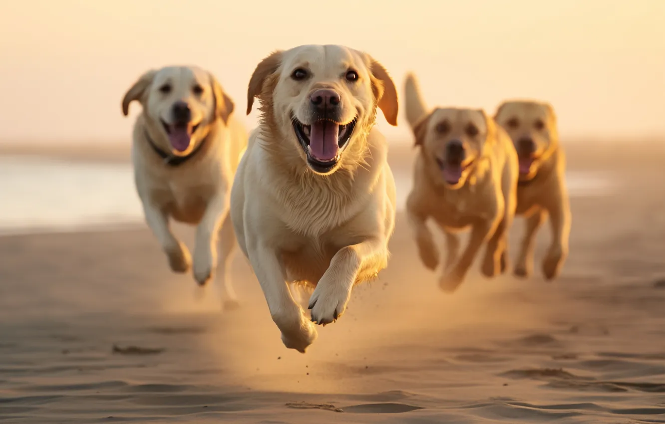 Photo wallpaper sand, dog, running, four, Labrador, digital art, AI art, The Art of Artificial Intelligence