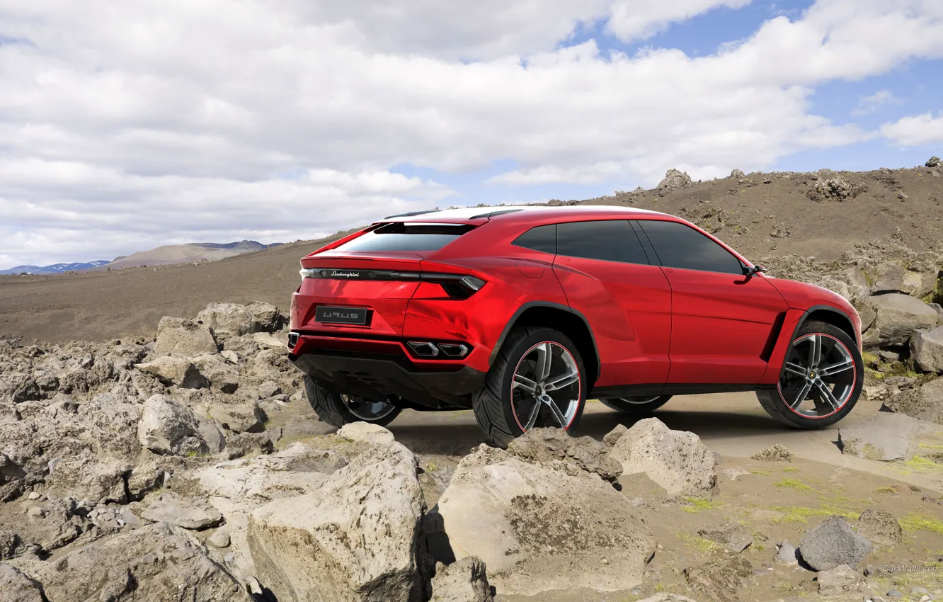 Photo wallpaper Concept, the sky, red, stones, Lamborghini, jeep, the concept, rear view