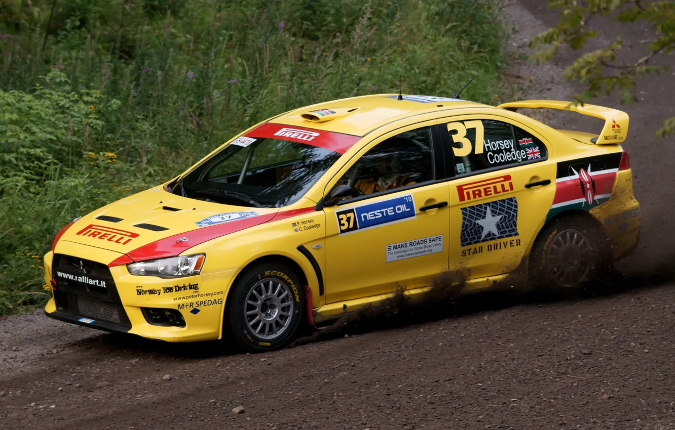 Photo wallpaper Yellow, Sport, Race, Mitsubishi, Lancer, WRC, Pirelli