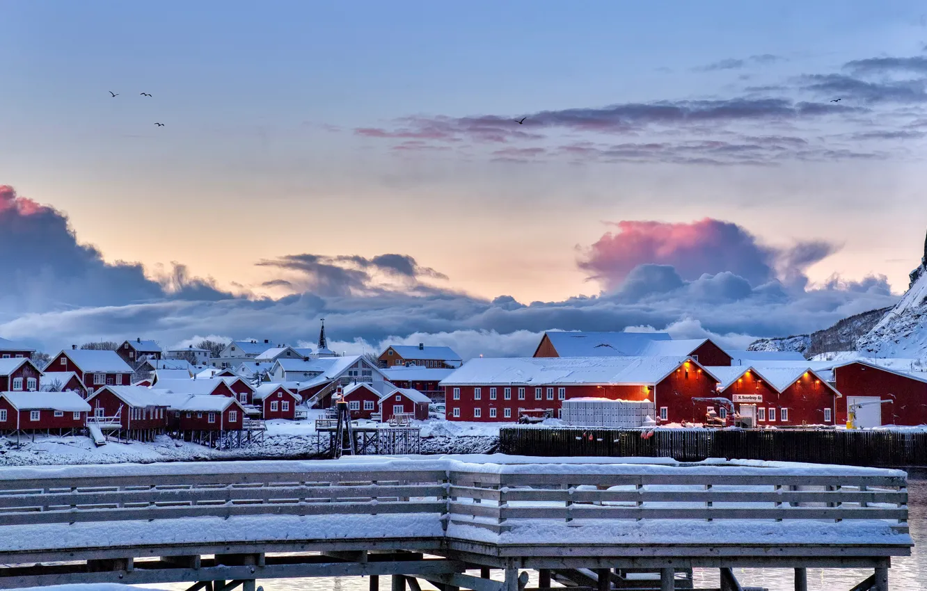 Photo wallpaper clouds, mountains, home, Norway, Lofoten