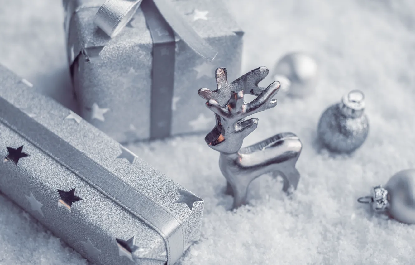 Photo wallpaper winter, stars, balls, snow, box, gift, toy, silver