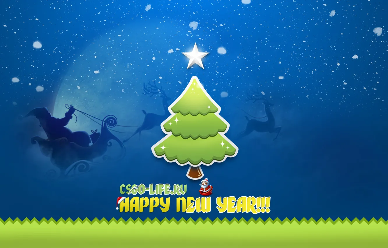Photo wallpaper snow, tree, New year, sleigh, deer, Santa