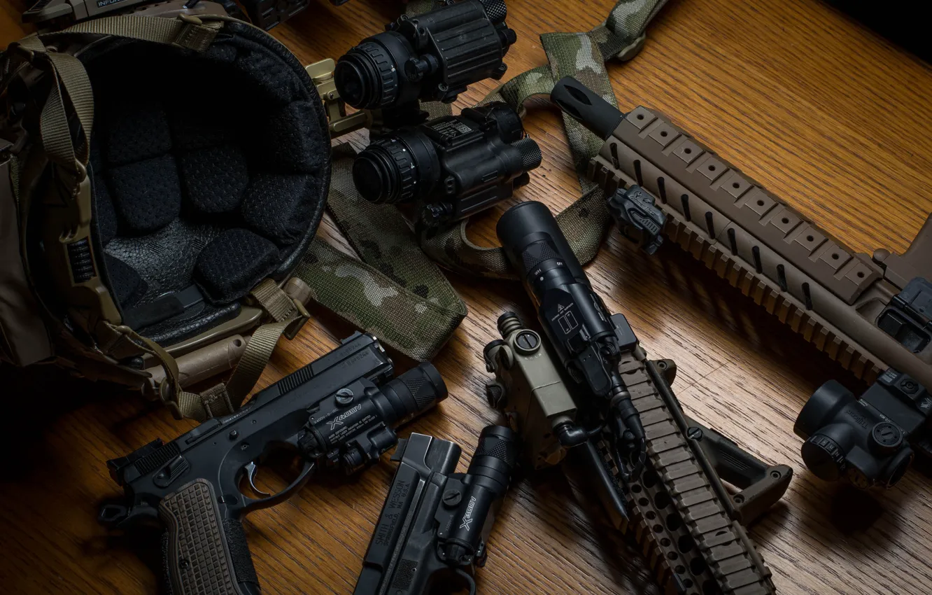 Photo wallpaper gun, weapons, binoculars, helmet