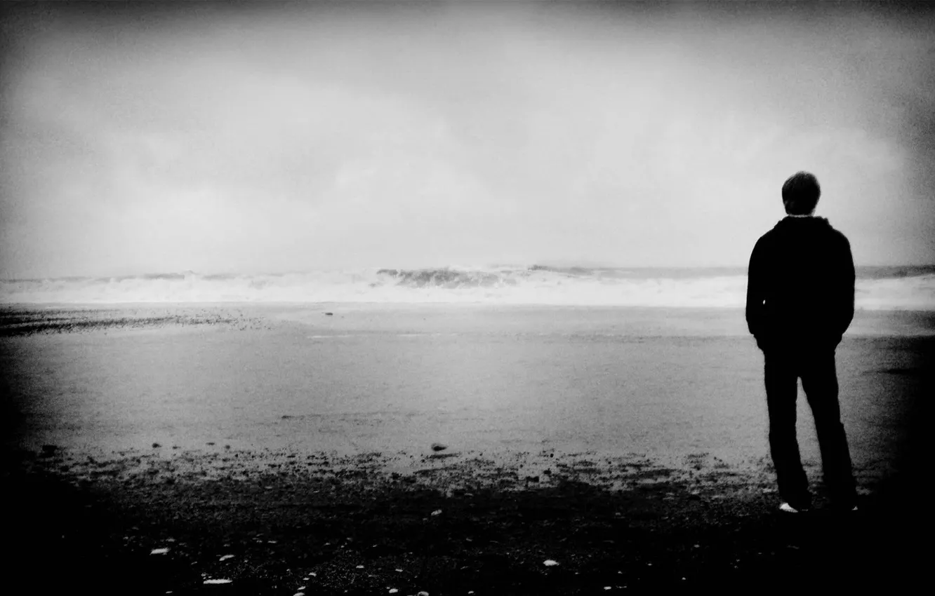Photo wallpaper sea, wave, landscape, mood, black and white, guy