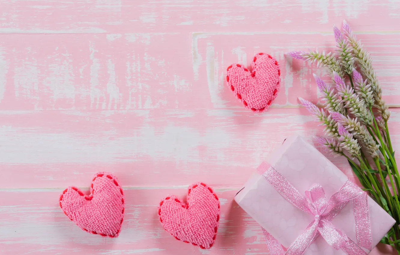 Photo wallpaper love, flowers, background, pink, gift, hearts, love, wood