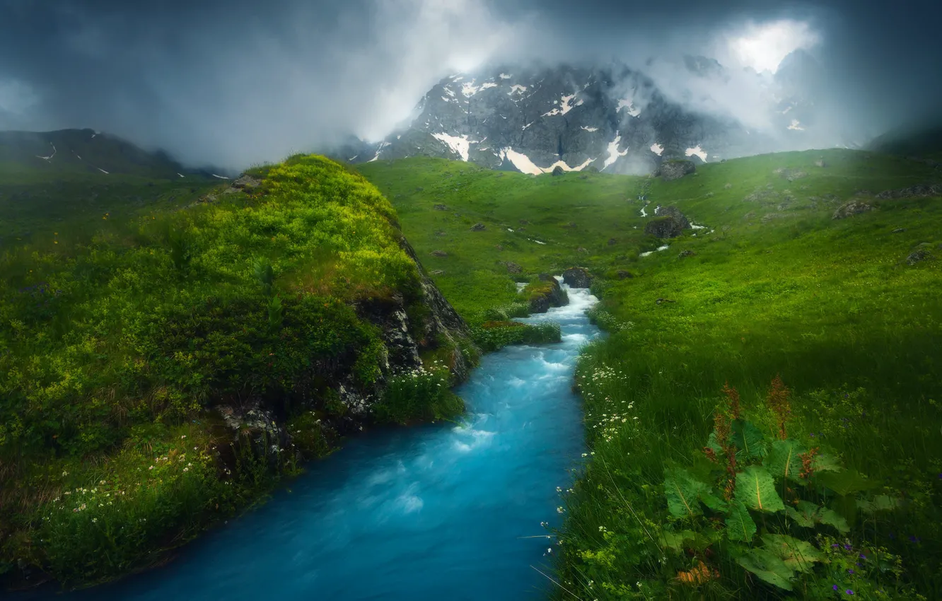 Photo wallpaper greens, mountains, river, stream, shore