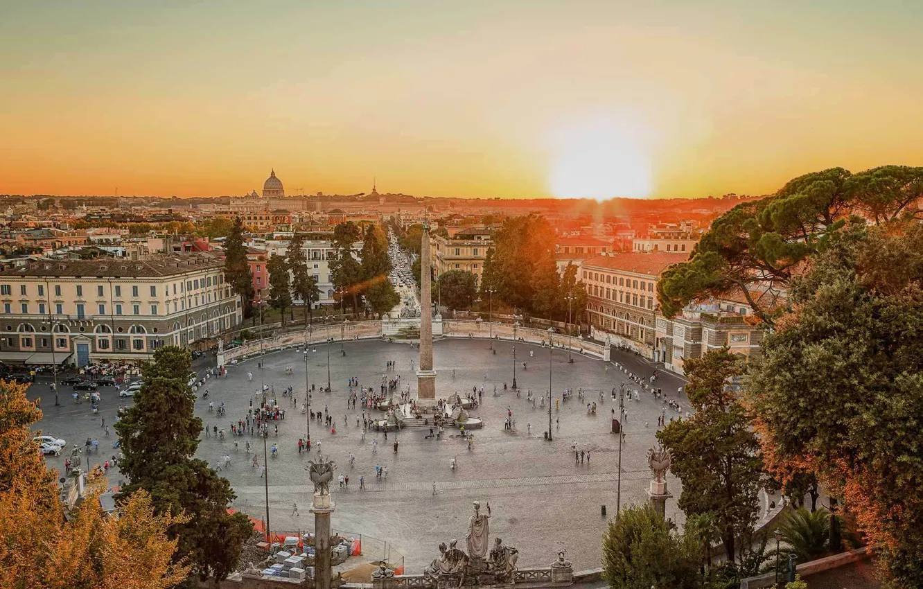 Photo wallpaper sunset, area, Rome, Italy, obelisk, Piazza del Popolo