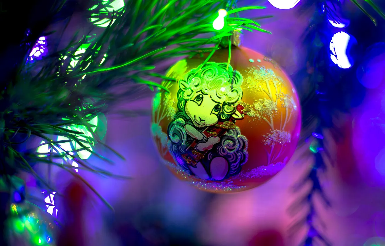 Photo wallpaper balls, light, branches, lights, glare, sheep, new year, blur