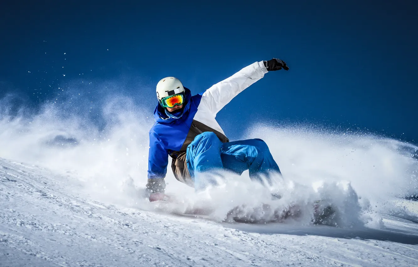 Photo wallpaper winter, the sky, the sun, snow, snowboard, snowboarding, the descent, sport