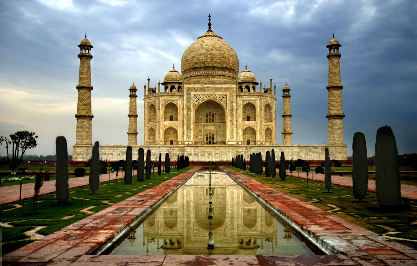 Photo wallpaper the sky, clouds, the city, India, Taj Mahal, day, marble, architecture