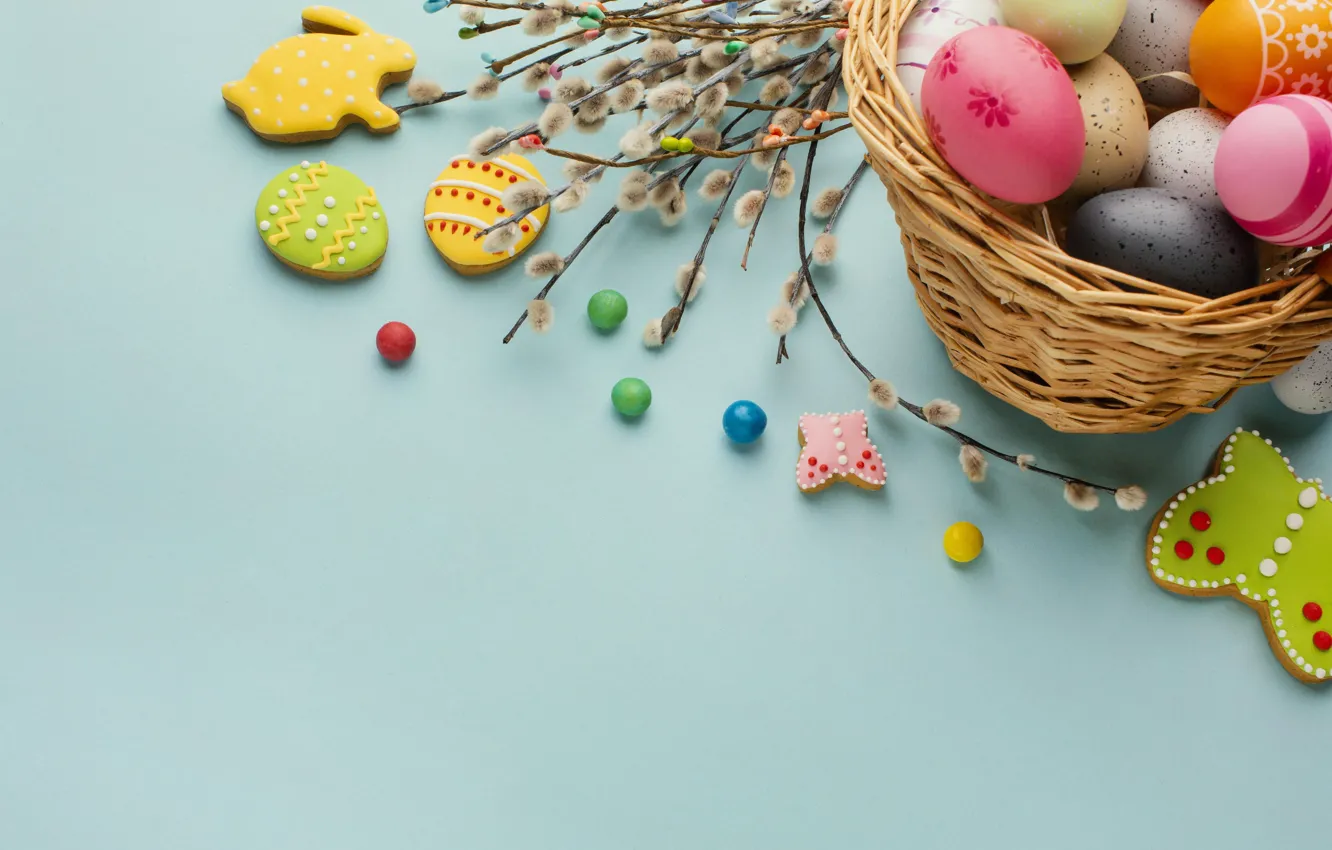 Photo wallpaper flowers, eggs, spring, colorful, Easter, Verba, flowers, spring