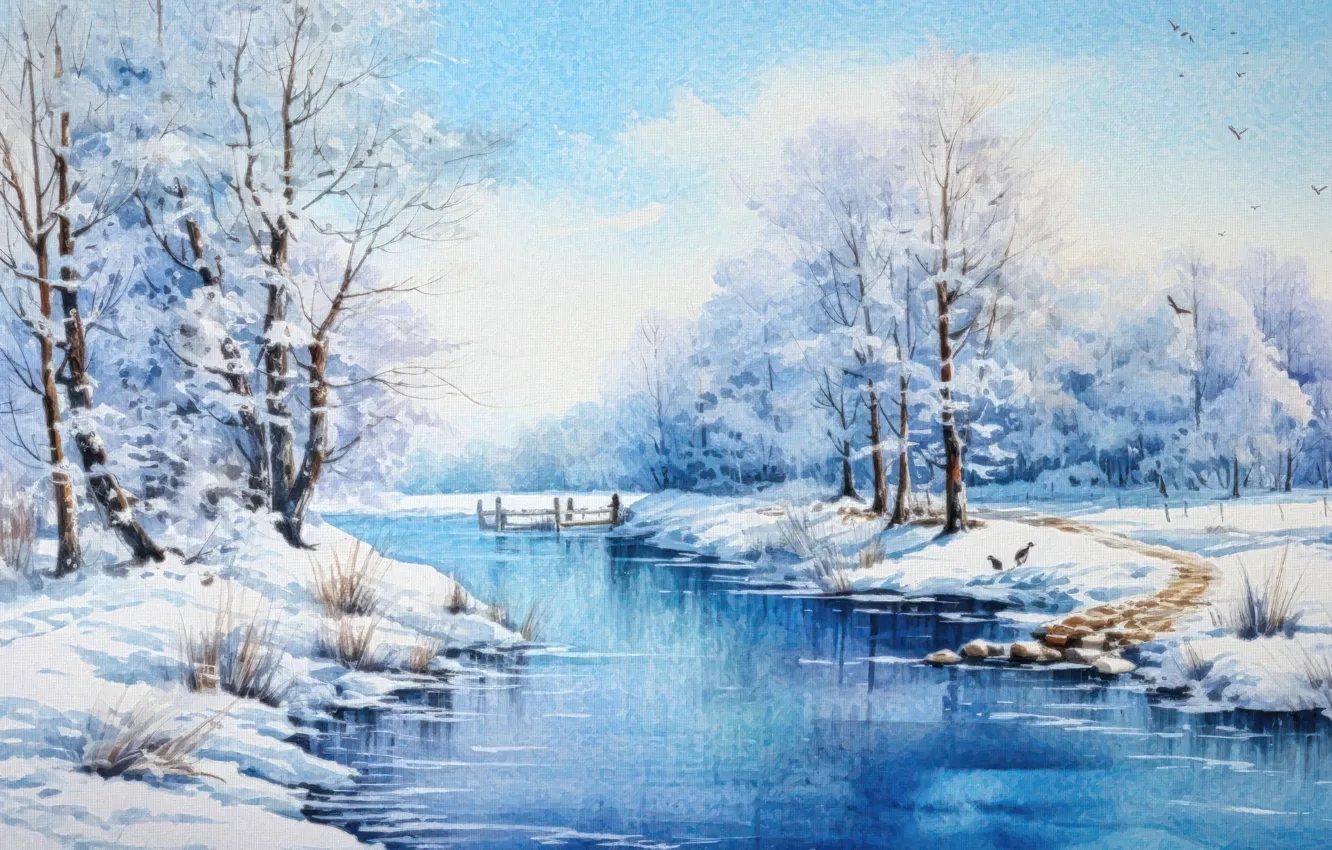 Photo wallpaper winter, forest, snow, trees, landscape, nature, shore, picture