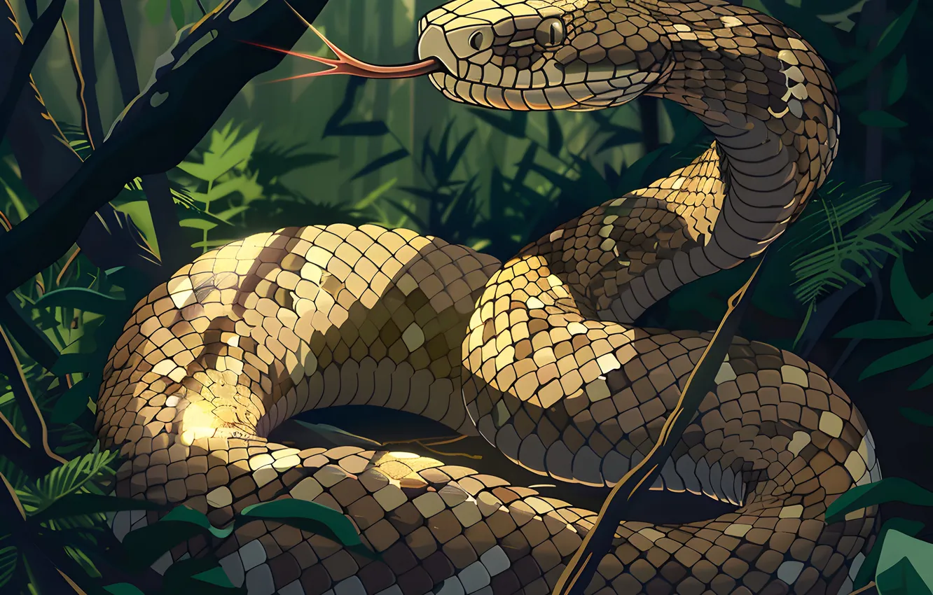 Photo wallpaper language, trees, animal, snake, jungle, art, reptile, digital art