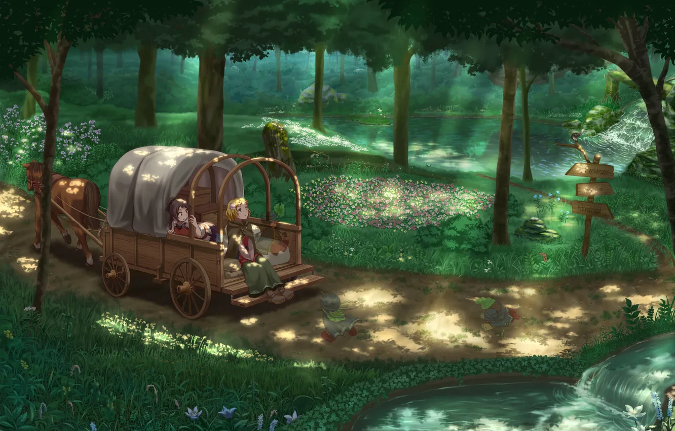 Photo wallpaper road, forest, index, wagon