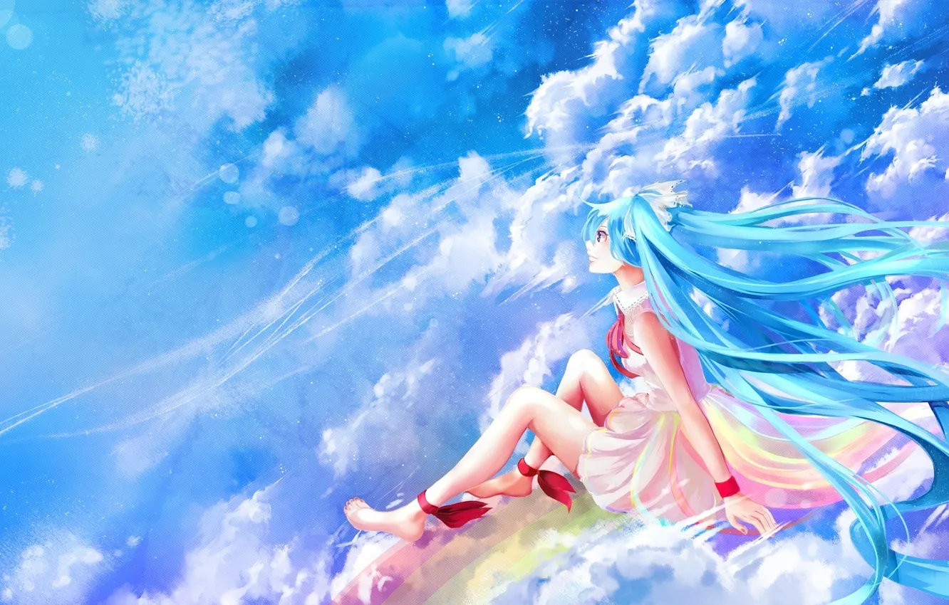 Photo wallpaper girl, clouds, smile, the wind, calm, rainbow, vocaloid, hatsune miku
