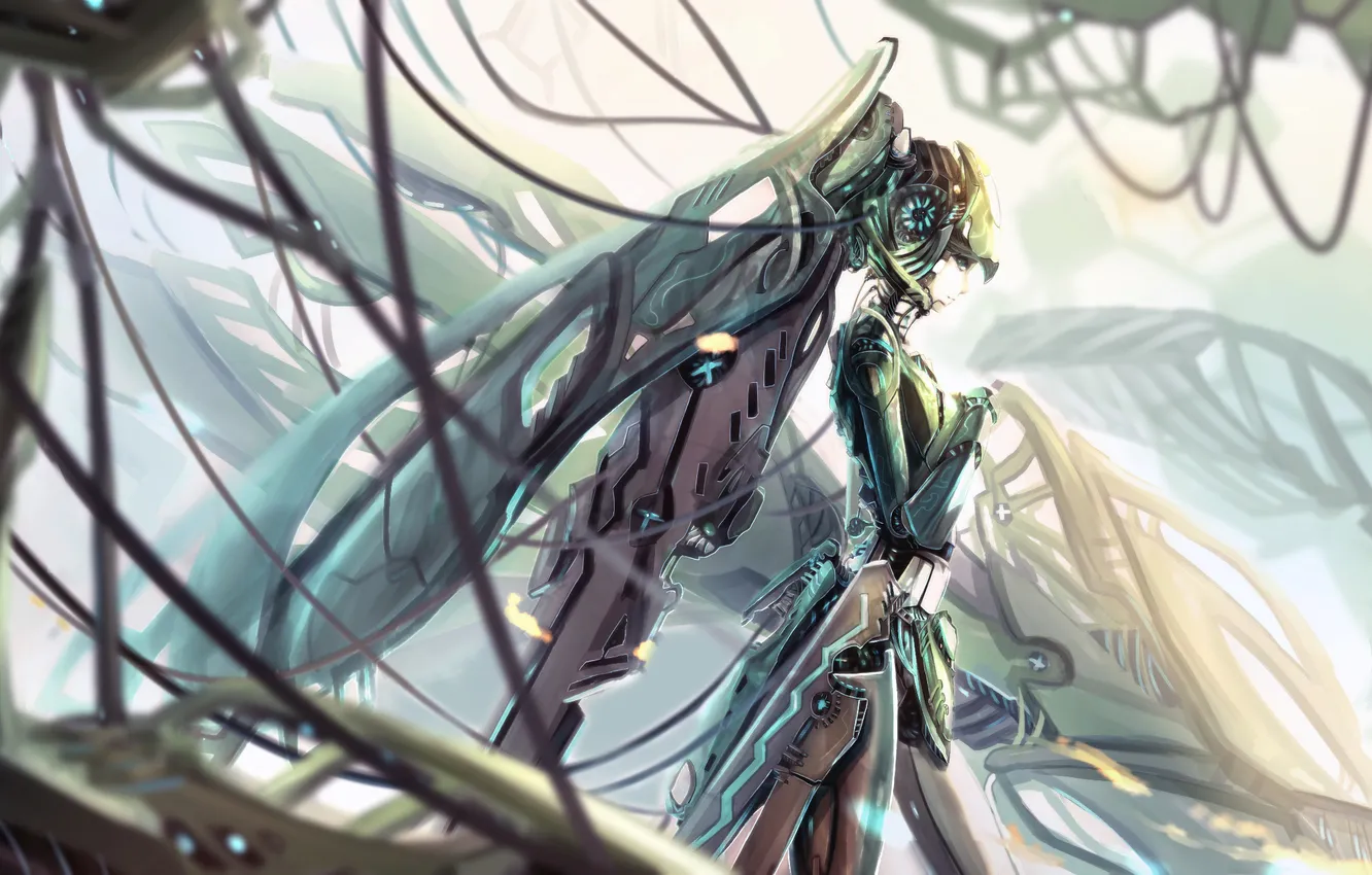 Photo wallpaper girl, metal, wire, robot, art, kikivi