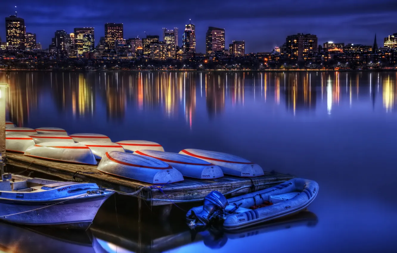Photo wallpaper night, lights, lake, reflection, boat, home, Bay, USA