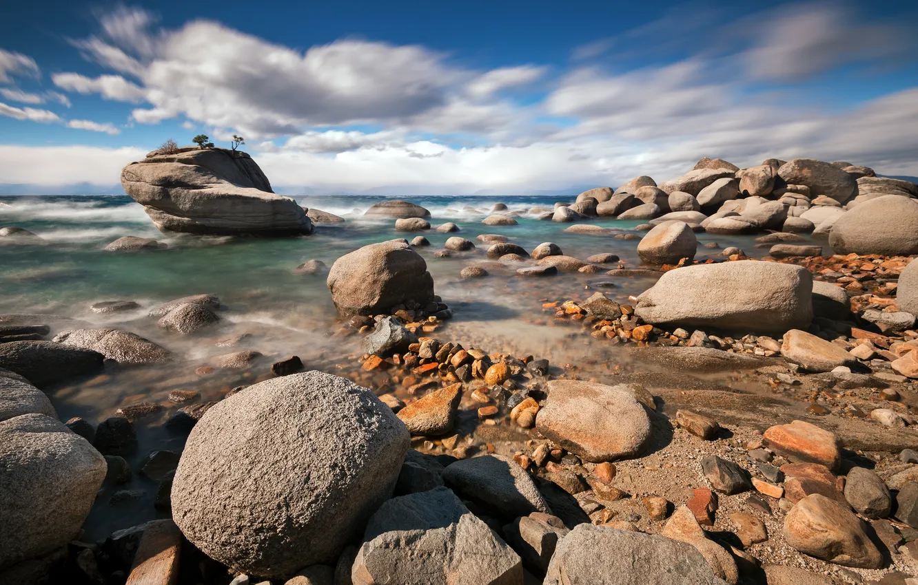 Photo wallpaper landscape, lake, stones, Lake Tahoe, Bonsai Rock