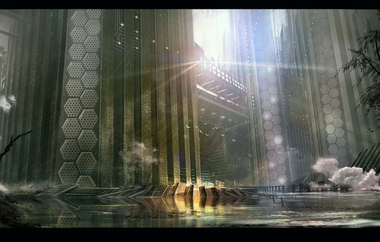 Photo wallpaper trees, the city, river, smoke, building, City Scape