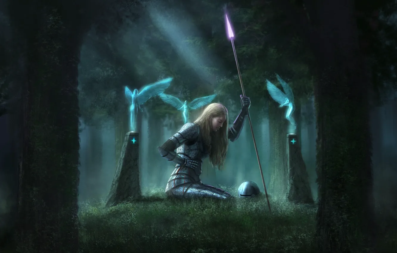 Photo wallpaper forest, girl, weapons, magic, blood, wings, perfume, columns
