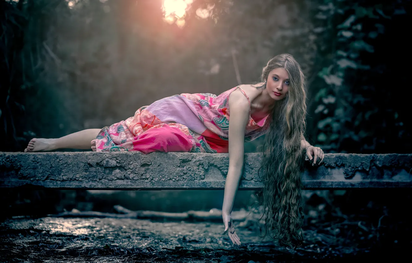 Photo wallpaper girl, bridge, river