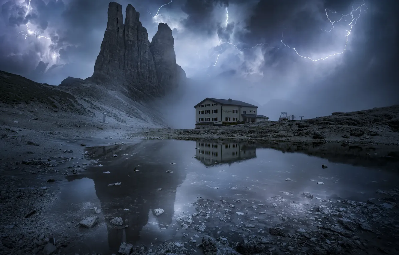Photo wallpaper mountains, lightning, home