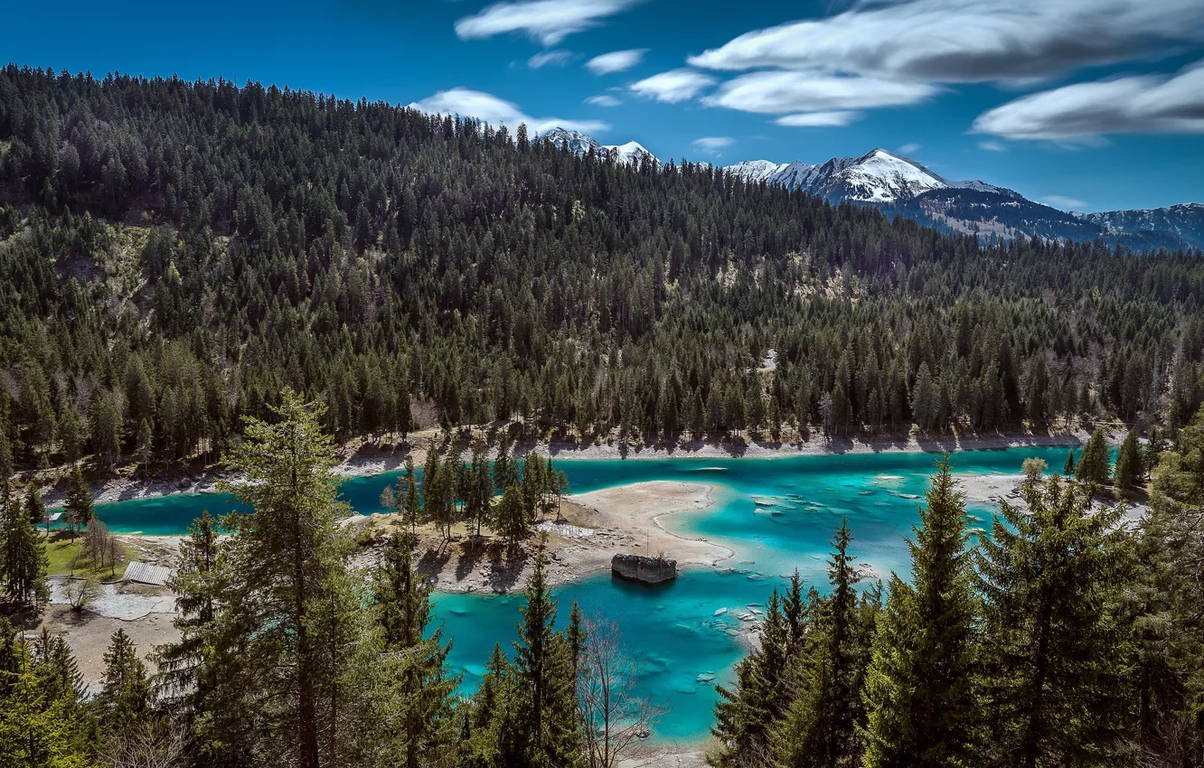 Photo wallpaper forest, the sky, clouds, trees, mountains, blue, lake, blue