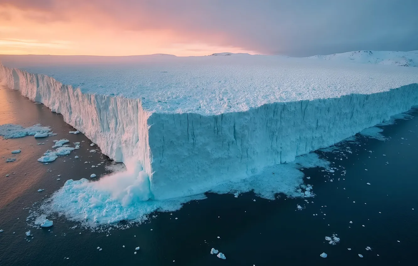 Photo wallpaper ice, winter, sea, the sky, clouds, light, snow, dawn