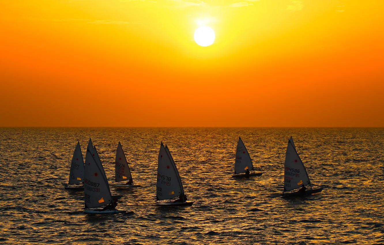 Photo wallpaper sea, the sky, the sun, sunset, boat, yacht, sail, regatta