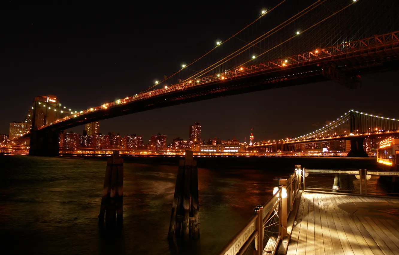 Photo wallpaper city, lights, New York, bridge, photo, night, New York, view