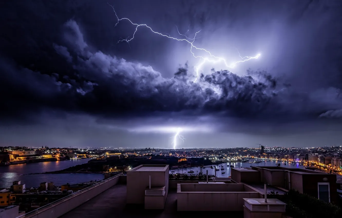 Photo wallpaper night, the city, lightning