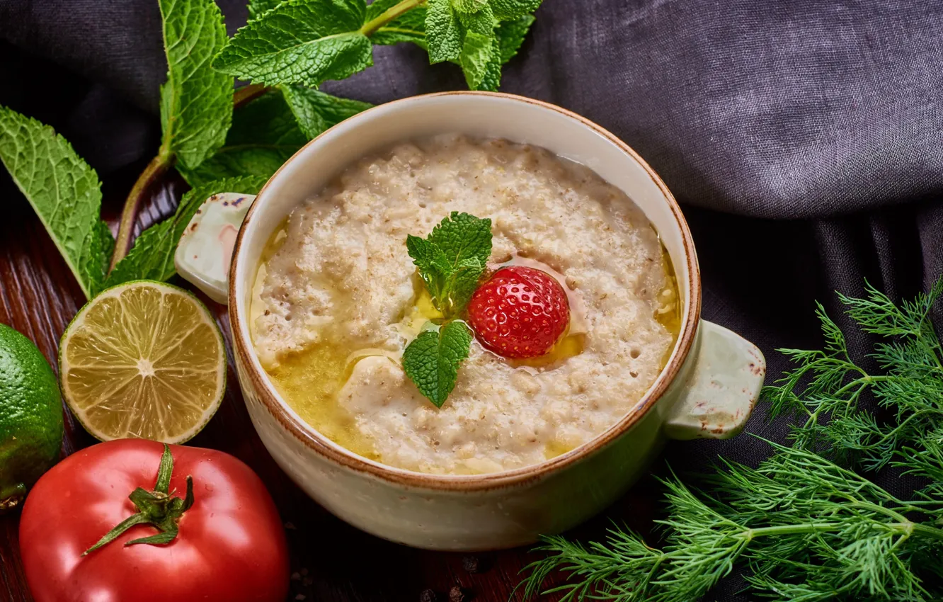 Photo wallpaper greens, lemon, tomatoes, oatmeal
