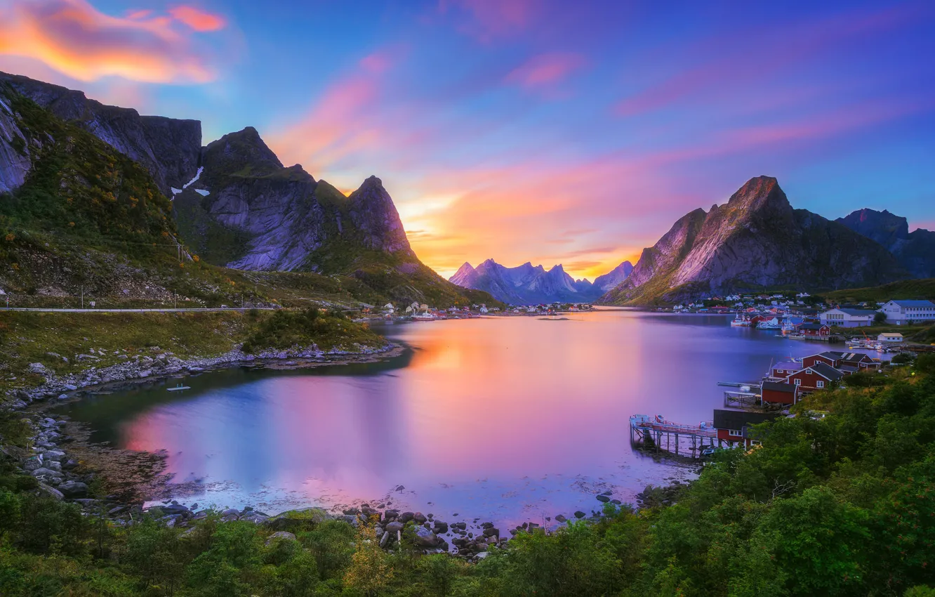 Photo wallpaper sunset, mountains, Bay, village, Norway, Bay, Norway, Nordland
