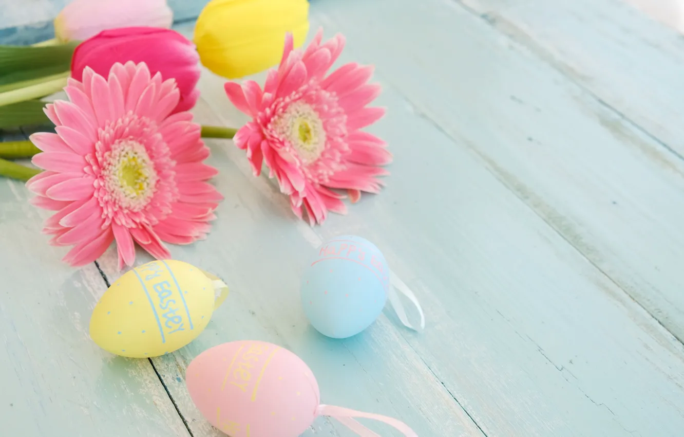 Photo wallpaper flowers, basket, eggs, spring, colorful, Easter, gerbera, wood