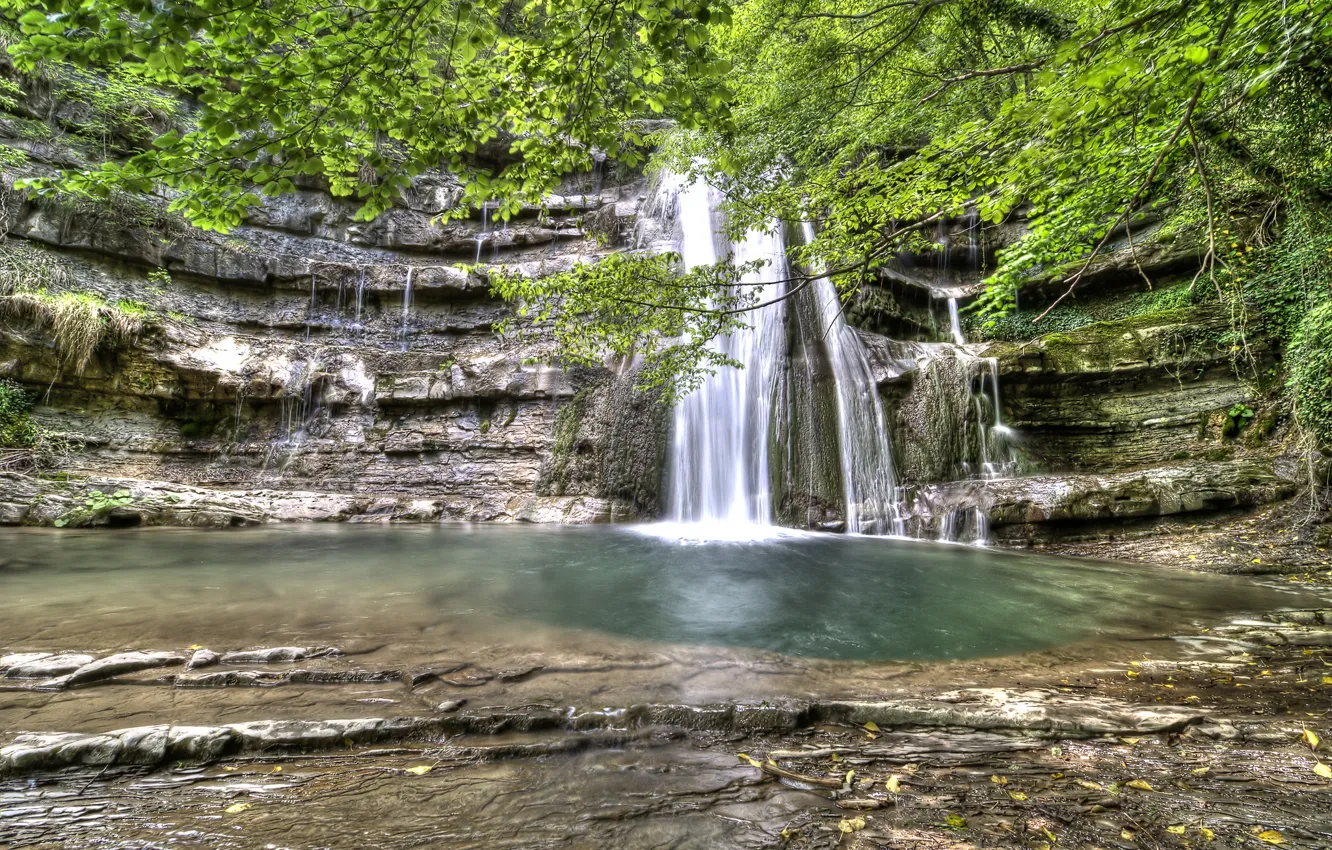 Photo wallpaper trees, rock, waterfall