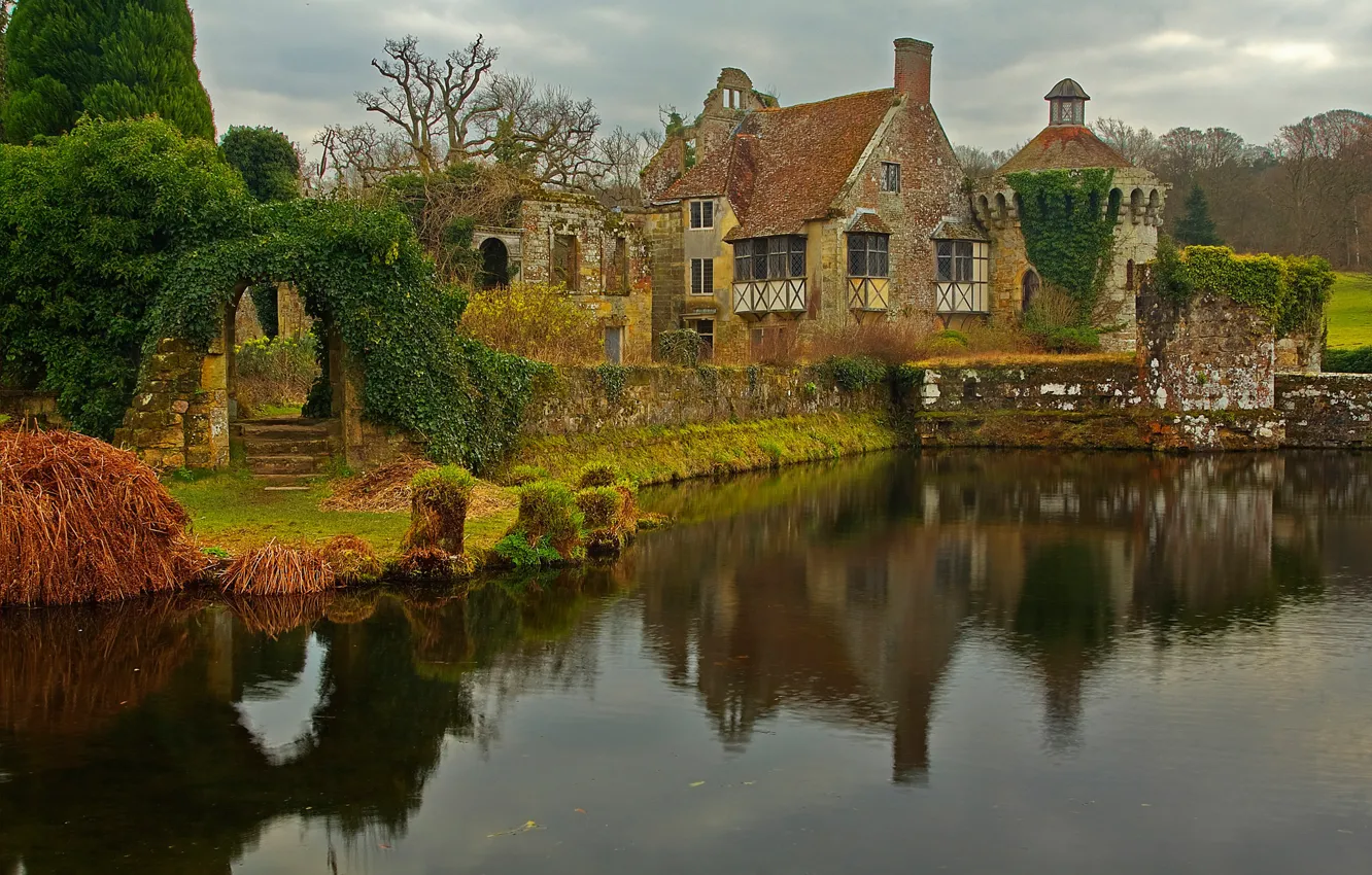 Photo wallpaper pond, reflection, castle, England, home, Kent, Scotney