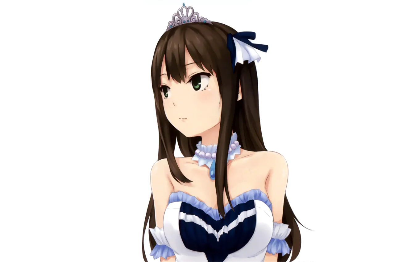 Photo wallpaper girl, sexy, cleavage, blouse, green eyes, long hair, brown hair, boobs