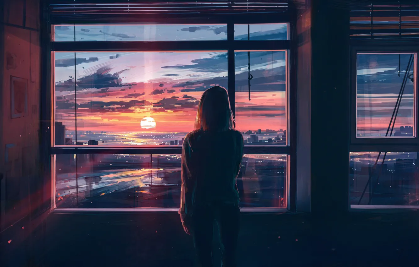 Photo wallpaper girl, sunset, the city, room, back, view, Windows, art