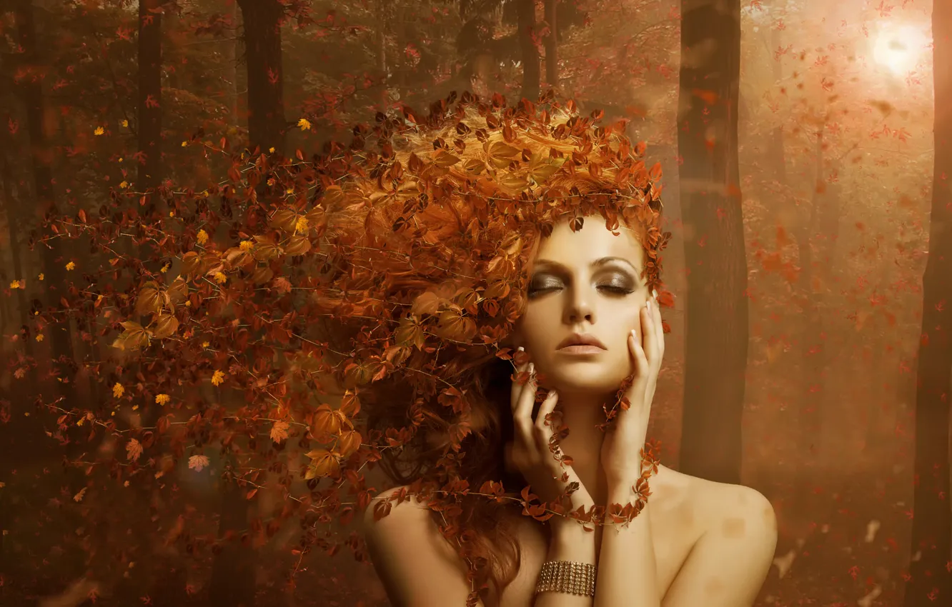 Photo wallpaper forest, leaves, girl autumn, AUTUMN LEAVES