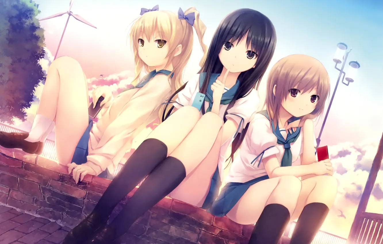 Photo wallpaper art, Anime, Schoolgirls, sitting, girls, Cure Girl