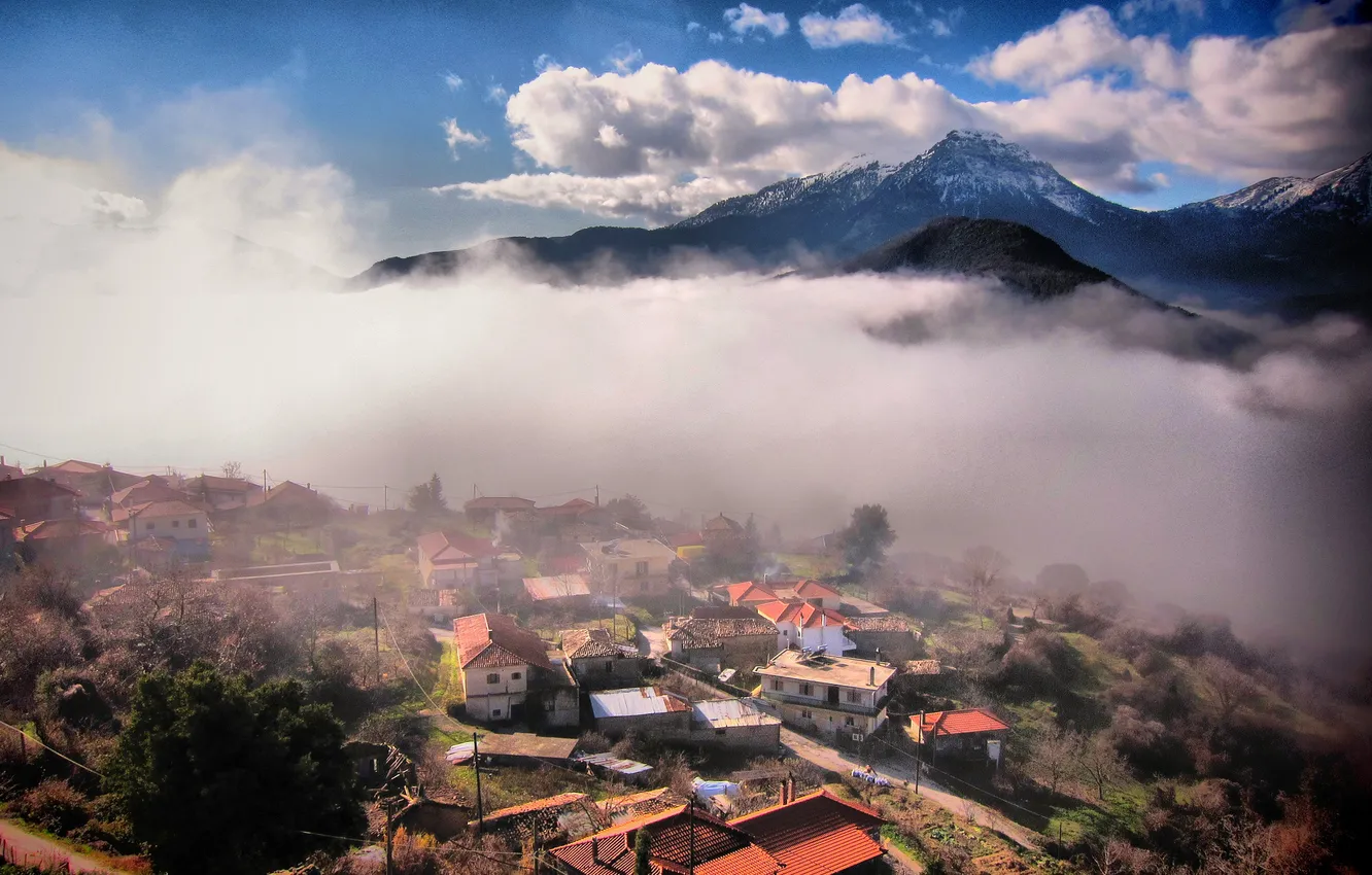 Photo wallpaper mountains, fog, the village