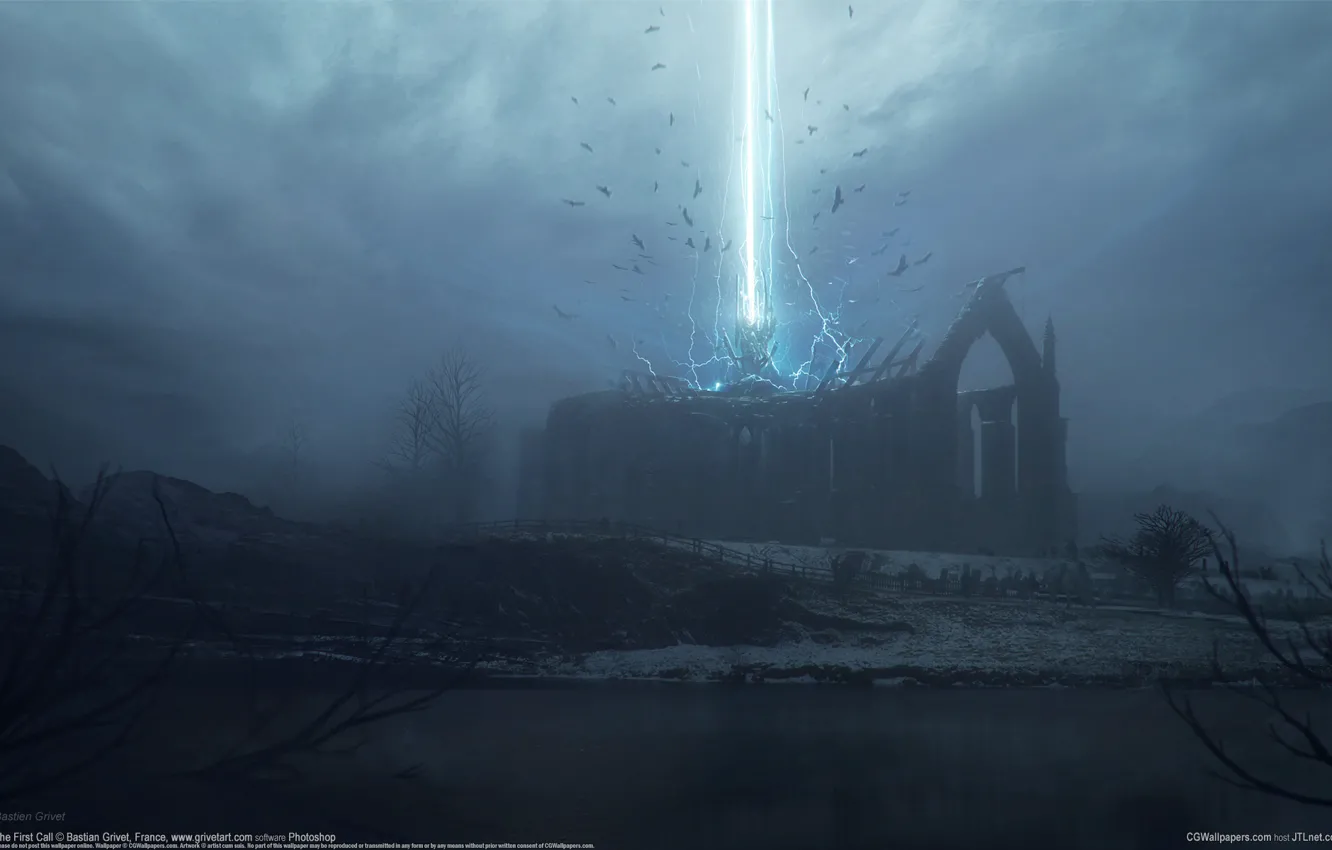 Photo wallpaper rays, darkness, the darkness, the ruins, ruins, CG wallpapers, Bastien Grivet, The first call