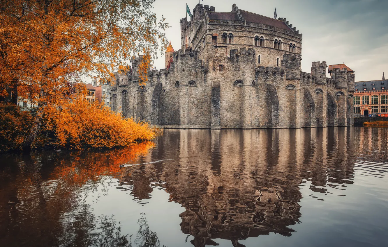 Photo wallpaper water, the city, castle, Belgium, Museum, Ghent, Alexander the Silent, Gravensten