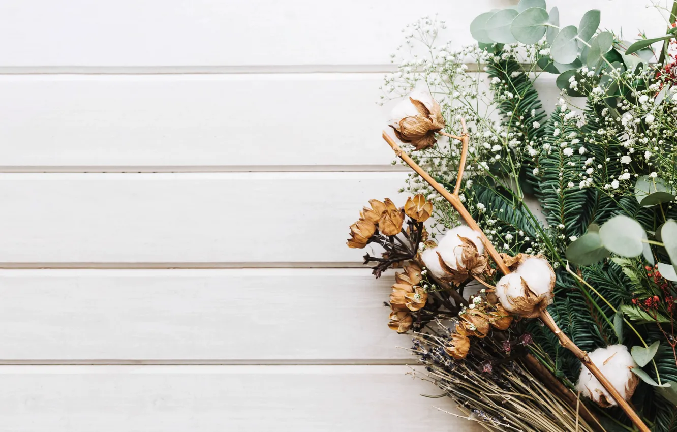 Photo wallpaper greens, spruce, bouquet, cotton