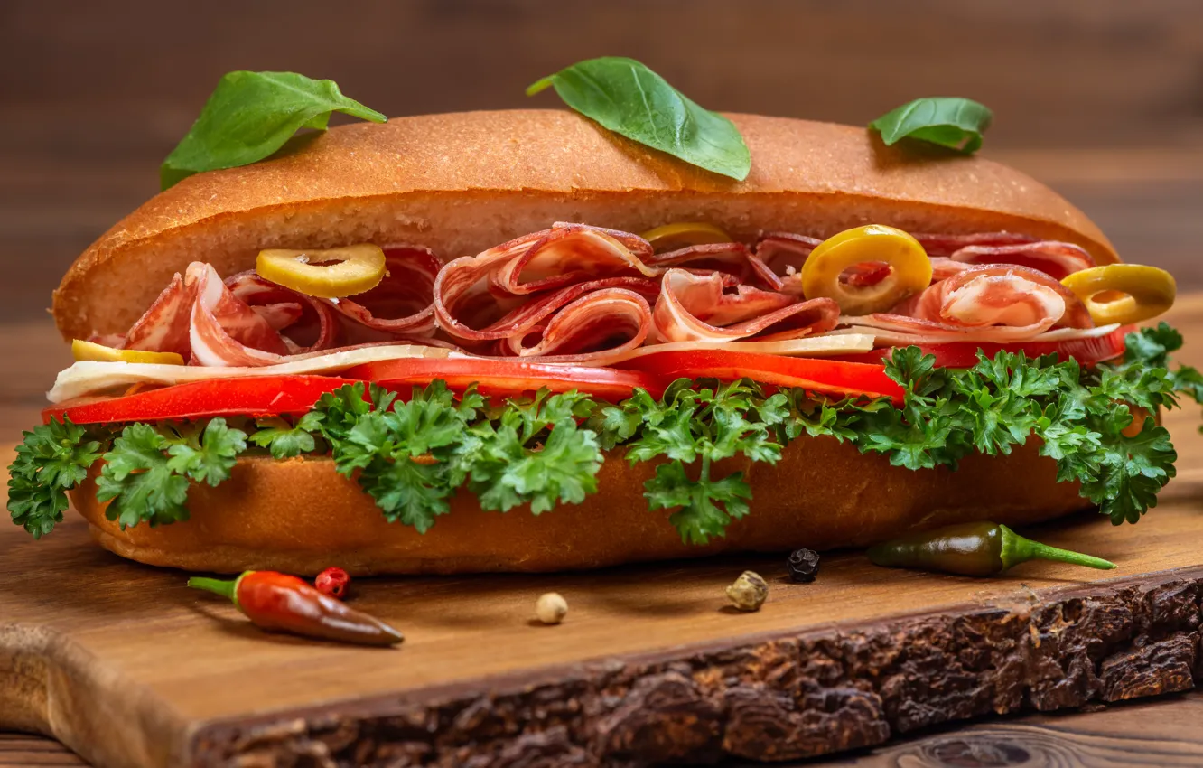 Photo wallpaper food, cheese, sandwich, tomatoes, olives, parsley, roll, Basil