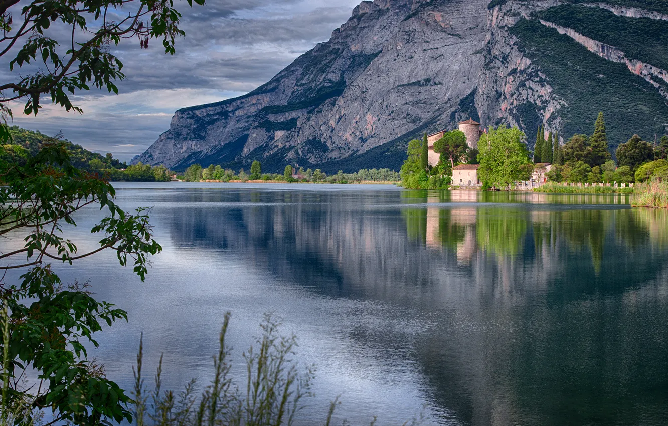 Photo wallpaper landscape, mountains, Italy, Italy, water surface, Castel Toblino, Castle Toblino, Lake Toblino