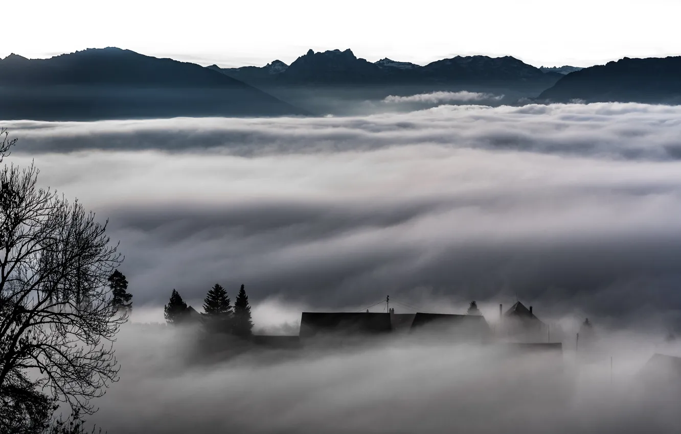 Photo wallpaper mountains, nature, fog