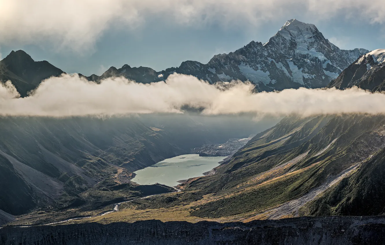 Photo wallpaper mountains, fog, lake, the slopes, tops, pond