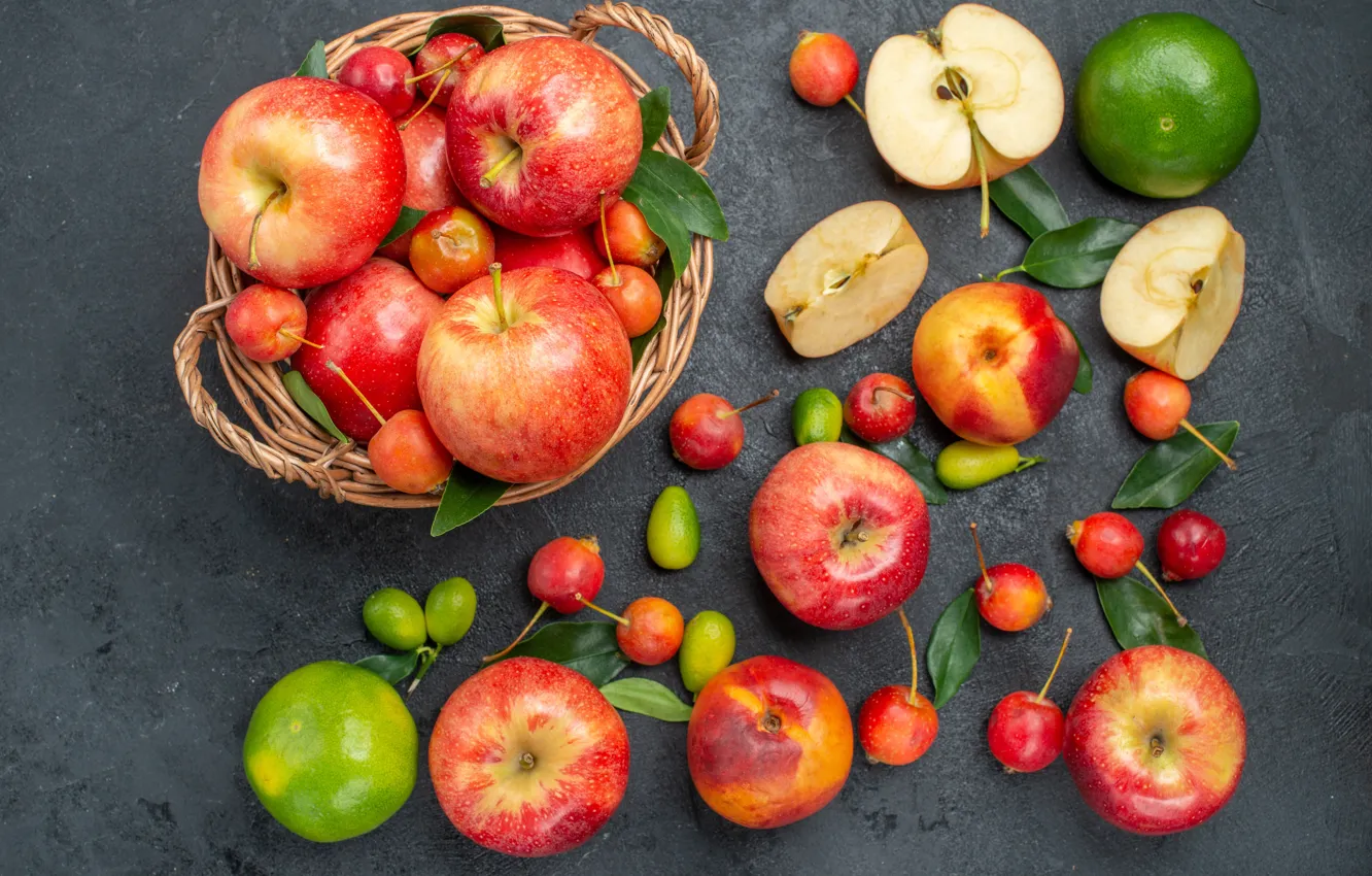 Photo wallpaper leaves, red, green, table, apples, lime, citrus, fruit