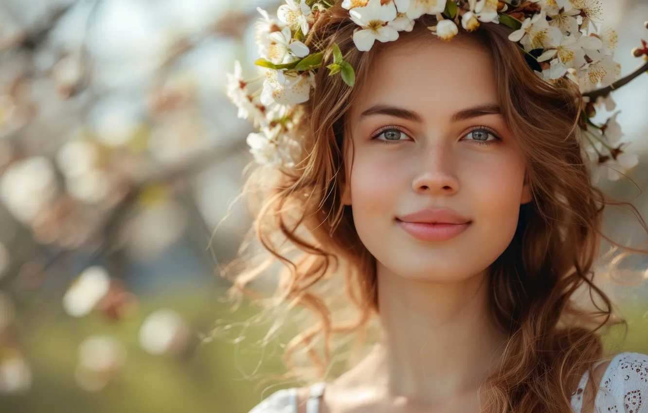 Photo wallpaper look, girl, light, flowers, face, smile, portrait, spring